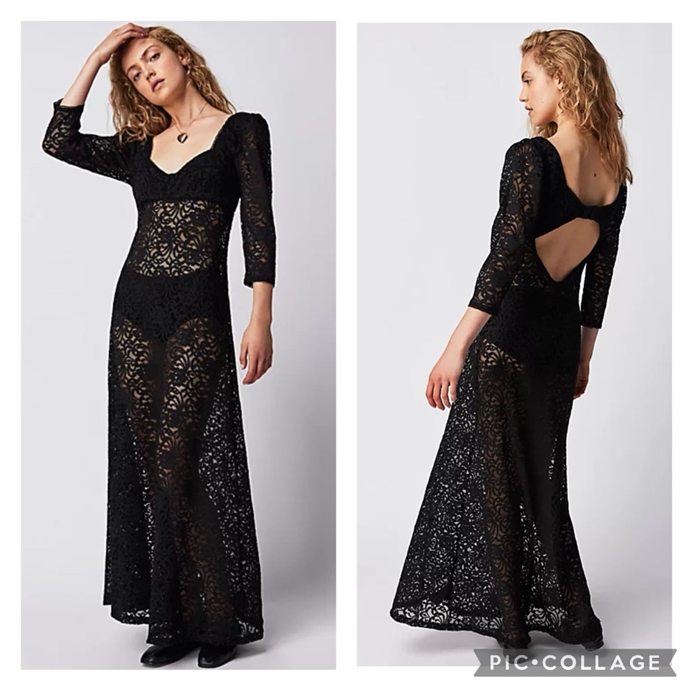 Free People Adored Maxi Dress Black Sheer Lace